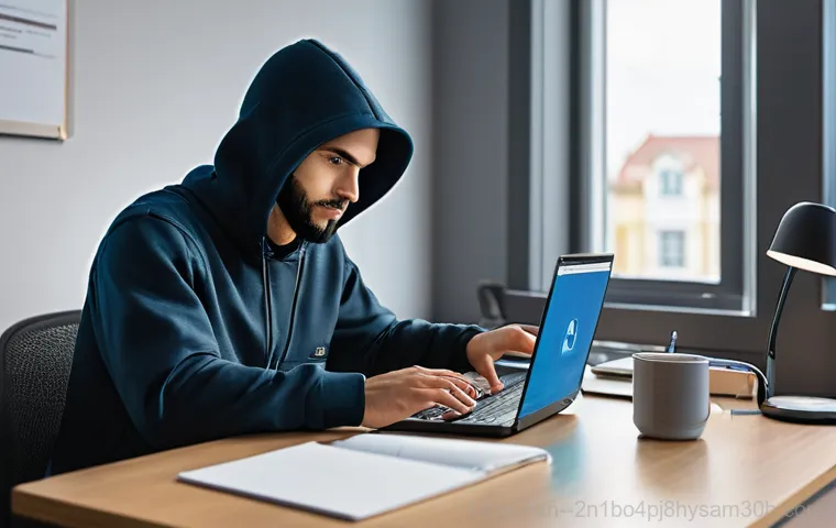 덕은동 STATUS_INVALID_IMAGE_FORMAT - A young adult, wearing a comfortable, modest t-shirt and jeans, sits at a desk in a dimly lit home o...