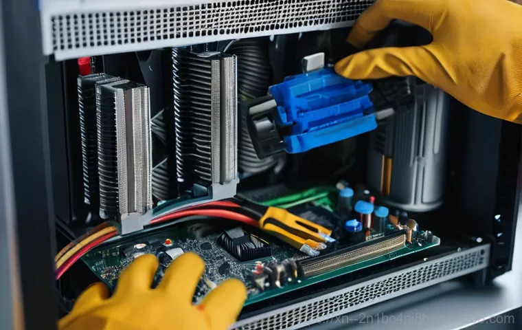 태평로 블루스크린 - A close-up shot of a desktop computer monitor displaying a vibrant blue screen with a white "STOP" e...