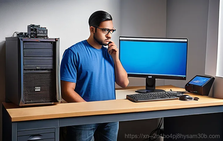 냉천동 VIDEO_MEMORY_MANAGEMENT_INTERNAL - **Prompt:** A detailed, well-lit shot inside an open desktop computer case. The focus is on a hand, ...