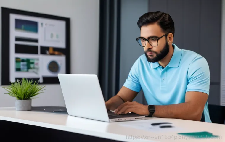 신문로 노트북 laptop 출장방문수리점 - A close-up of a person, mid-20s to 30s, looking distraught at a black laptop screen on a modern desk...