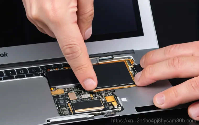 경운동 맥북프로 판매 및 수리 - A close-up shot of a modern, sleek MacBook Pro (M1 or M2 model) with a severely cracked screen. The ...