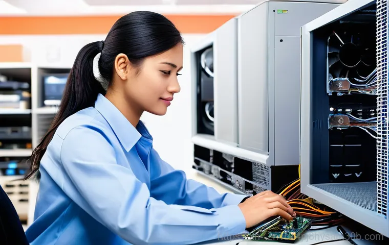 원남동 cpu조립 및 교체수리 - A detailed, eye-level shot focusing on a pair of skilled hands meticulously assembling a computer. O...