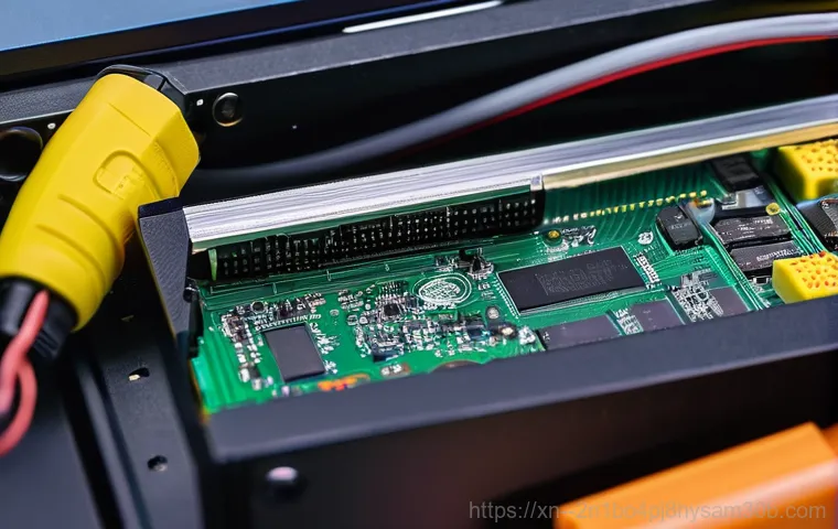 길음동 STATUS_KERNEL_DEVICE_ERROR - **Prompt:** A close-up, high-detail shot inside a desktop computer case, focusing on the intricate h...