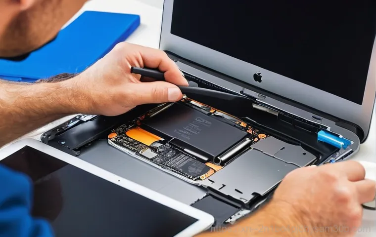 별양동 맥북에어 판매 및 수리 - A professional technician, wearing a clean lab coat, carefully examines an open silver MacBook Air M...