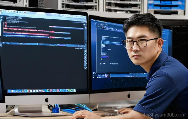 양평동 해킨토시 재설치 포맷  초기화 - **Prompt:** A male Hackintosh user in his late 30s or early 40s sits at a cluttered home office desk...