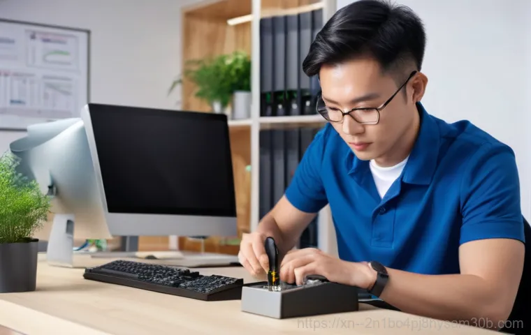 발산동 ftp서버출장방문수리점 - An intense close-up shot of a male IT professional, in his late 30s, wearing a clean, dark blue polo...
