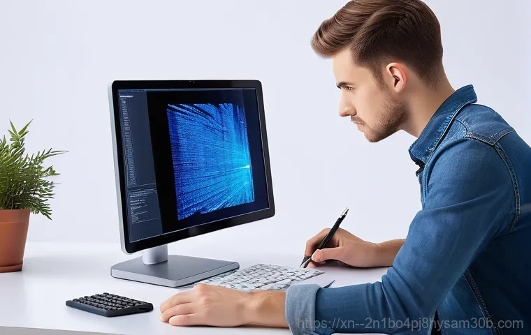 초동 SYSTEM_SERVICE_EXCEPTION - A person intensely focused, working on a laptop in a modern home office setting. Suddenly, the lapto...