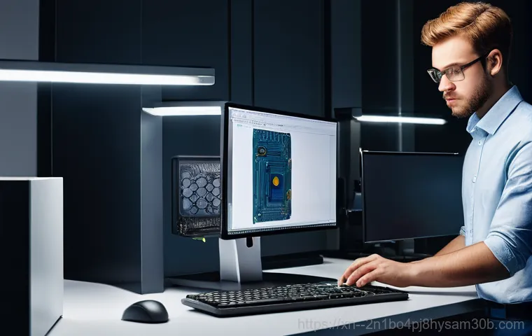 별양동 STATUS_STACK_UNDERFLOW - A young adult, looking stressed and slightly bewildered, stares intensely at a computer monitor disp...