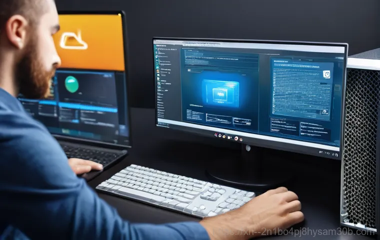 가산동 STATUS_KERNEL_BLOCKED - A detailed shot of a person, appearing to be a computer technician or a knowledgeable user, carefull...