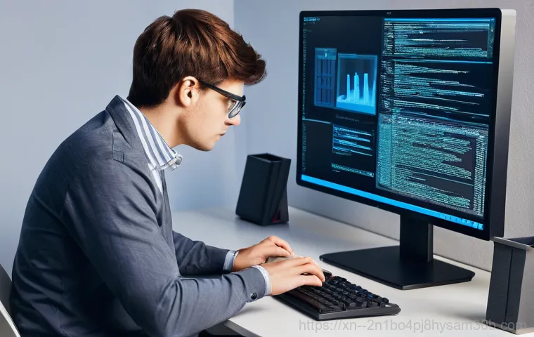 묘동 NTFS_FILE_SYSTEM - **Prompt:** "A young adult, visibly frustrated but composed, sits in front of a computer monitor dis...