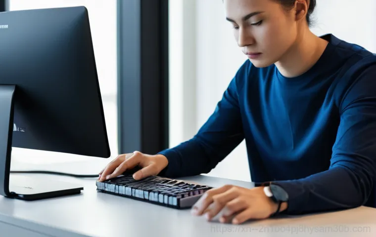 가락동 STATUS_FILE_CORRUPTION - A young adult, dressed in a casual t-shirt and jeans, sits at a modern, slightly dim home office des...