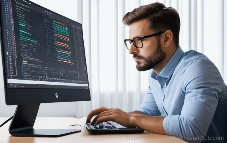 목동 STATUS_KERNEL_UNSUPPORTED_DEVICE - A person in their late 20s, with a look of intense frustration and mild panic, sits in front of a co...
