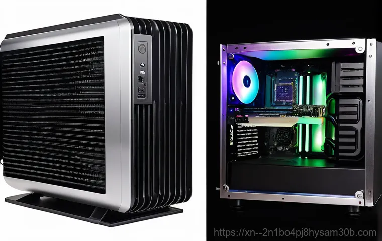 창릉동 쿨러조립 및 교체수리 - A close-up of a modern, high-performance gaming PC tower, slightly glowing red or orange from within...