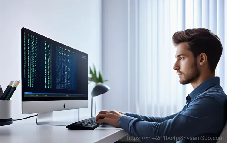 서강동 STATUS_DISK_NOT_INITIALIZED - A young adult, looking frustrated but determined, stares intently at a computer monitor displaying a...