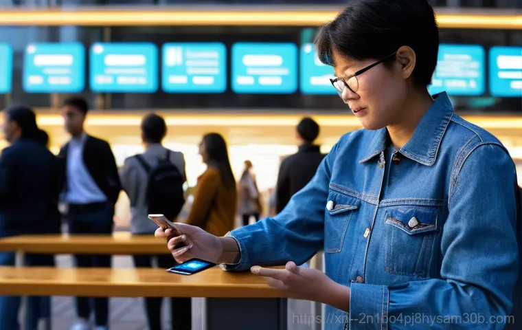 신당5동 STATUS_MODULE_ACCESS_DENIED - **Prompt:** A middle-aged woman stands looking utterly confused and frustrated at her smartphone in ...