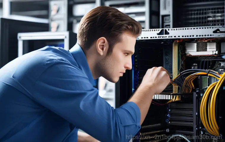 남대문 모니터화면 안나옴 - A focused young adult, casually dressed, is kneeling behind a modern computer desk setup. Their hand...