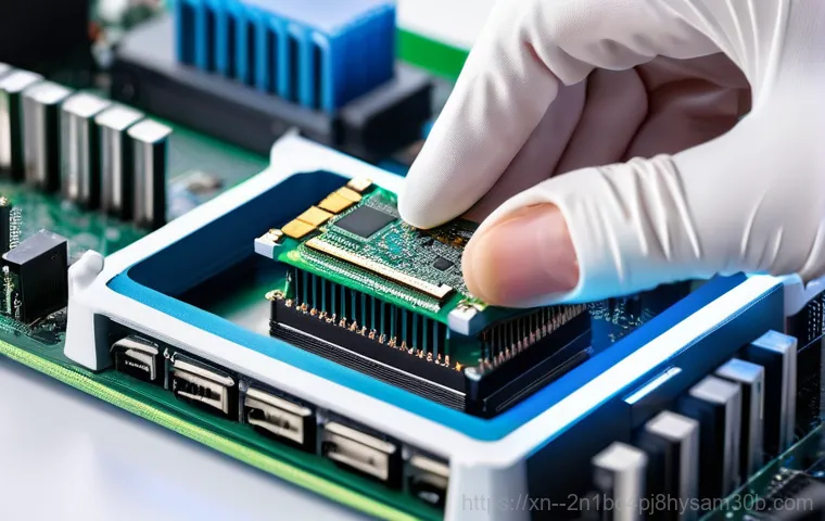 벽제동 HARDWARE_MEMORY_FAILURE - **Prompt:** A highly detailed macro shot inside a desktop computer case, focusing on several RAM mod...
