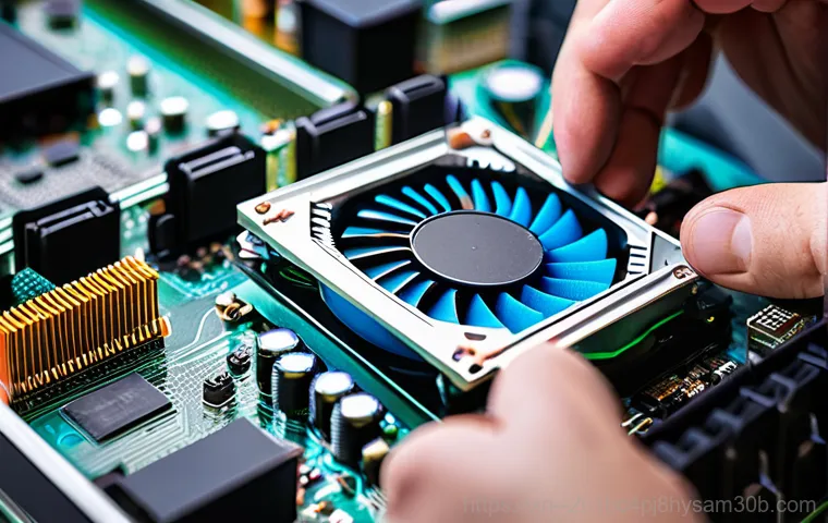 쌍림동 쿨러조립 및 교체수리 - **Prompt:** A vivid, close-up shot of a modern gaming PC's interior, bathed in cool blue and purple ...