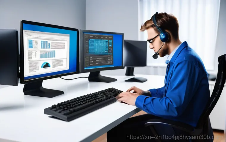 신사동 STATUS_KERNEL_MODULE_INVALID - **Prompt 2: Encountering the Blue Screen of Death**
    A realistic photograph of an adult individua...
