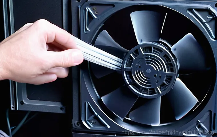 동작동 팬돌다 멈춤 - **The Hidden Problem: Dusty Computer Fan**: An extreme close-up, macro shot of a computer's internal...