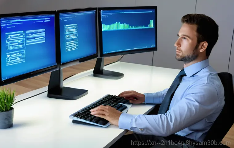 문원동 SYSTEM_SERVICE_EXCEPTION - A focused individual, appearing to be a young adult or adult, is intently troubleshooting a desktop ...