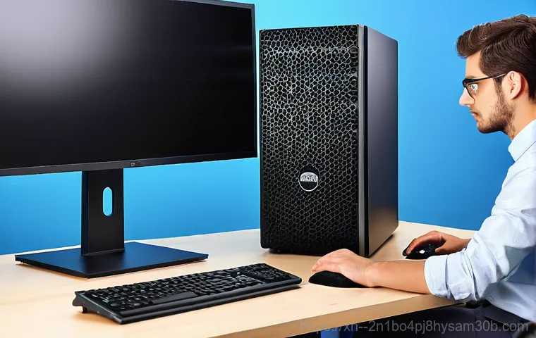 응봉동 UNEXPECTED_KERNEL_MODE_TRAP - A detailed close-up shot inside an open desktop computer case. A pair of hands, wearing clean tech g...