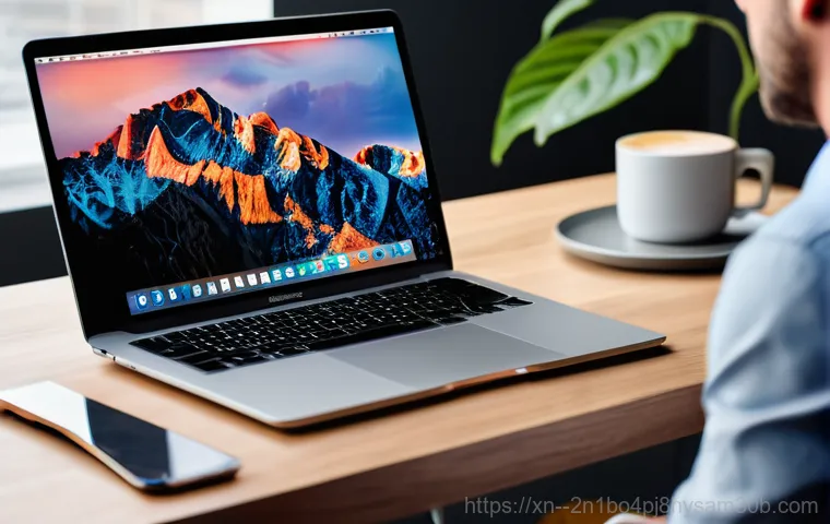 상암동 맥북에어 판매 및 수리 - A high-angle, close-up shot of a modern MacBook Air M2 (model A2681) on a sleek, light-colored desk....