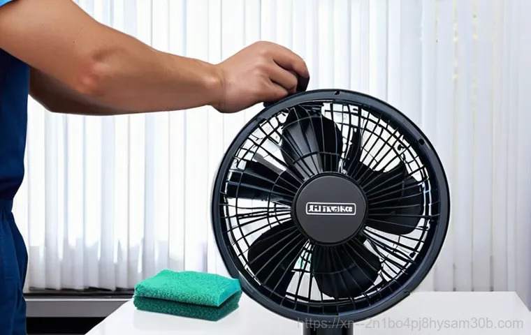 제기동 팬돌다 멈춤 - **Prompt:** A young adult, looking concerned, inspects a standing electric fan in a slightly clutter...