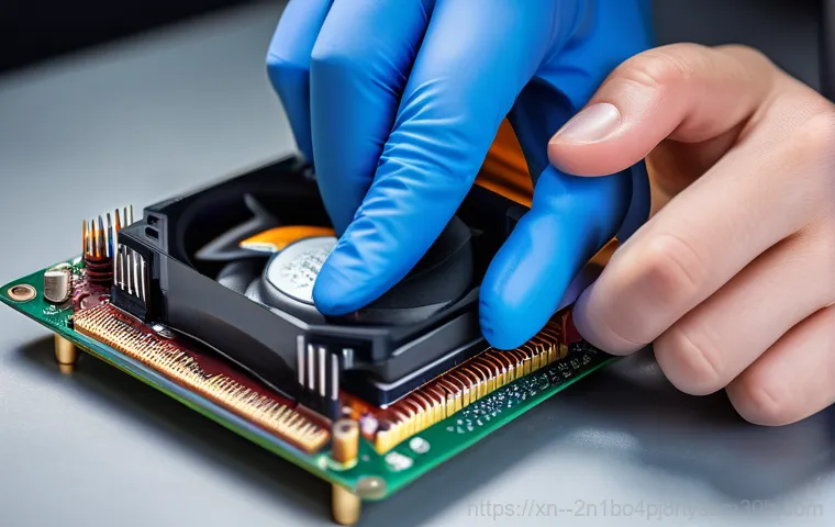 내자동 쿨러조립 및 교체수리 - A close-up shot of an open desktop computer case, revealing a CPU cooler fan heavily caked with dust...