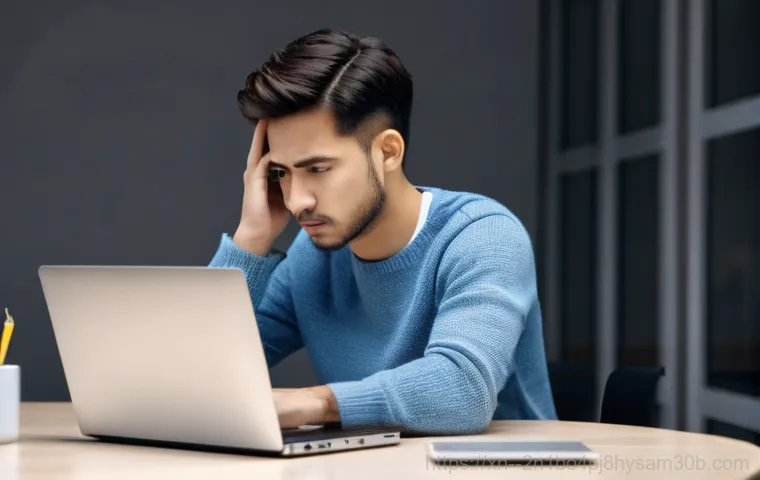 봉익동 HARDWARE_FAILURE - **Prompt:** A young adult, looking slightly concerned, observes their modern laptop on a clean desk....