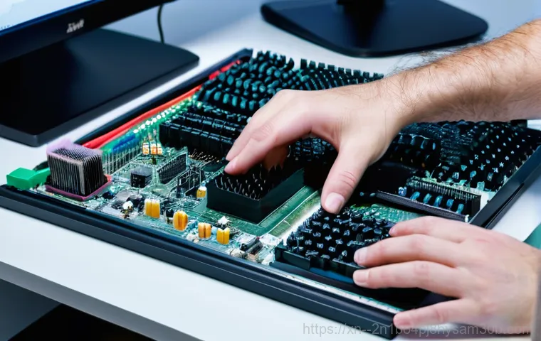 주교동 DRIVER_PORTION_MUST_BE_NONPAGED - A highly detailed, macro-level shot of intricate computer hardware components. In the foreground, th...