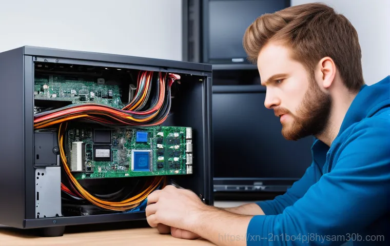 성북구 메인보드조립 및 교체수리 - A close-up, high-angle shot focusing on the intricate details of a modern computer motherboard. The ...