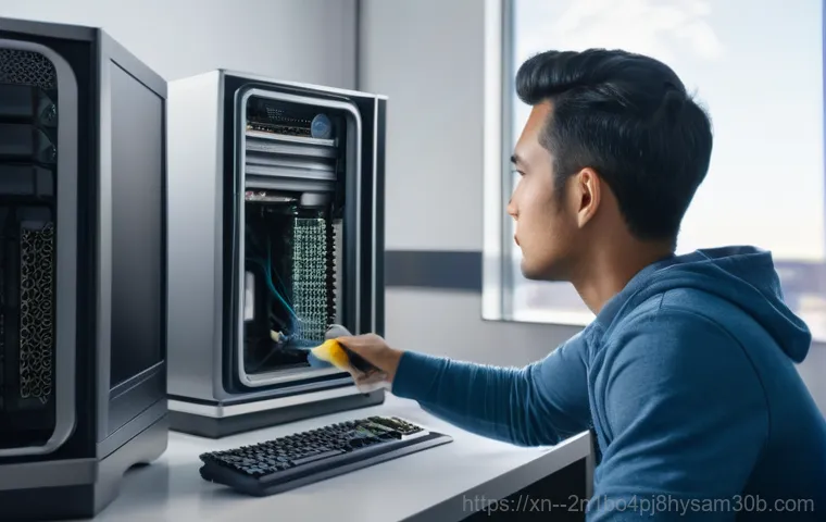 신교동 컴퓨터 desktop 출장방문수리점 - A friendly and professional computer technician, in a neat company uniform, is diligently repairing ...