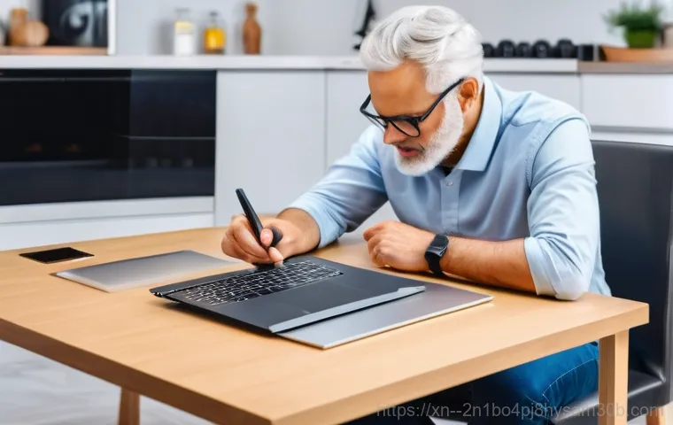 주암동 노트북 laptop 출장방문수리점 - A slightly anxious young male student is sitting at his home study desk, looking stressed at his lap...