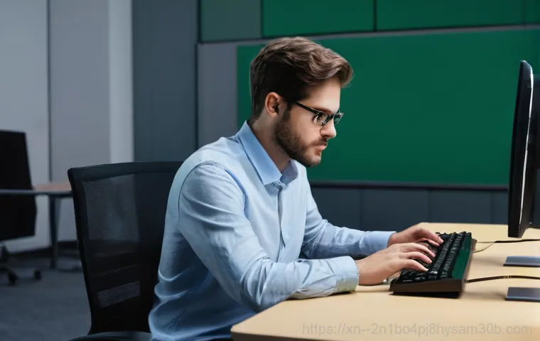 청파동 SOFTWARE_EXCEPTION - **Prompt:** A young adult, male or female, sits in a dimly lit home office, their face illuminated b...