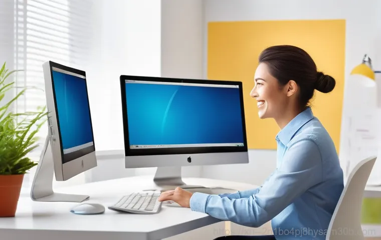 성산동 윈도우7 windows7 재설치 포맷  초기화 - **Image Prompt 2: The Installation's Core Moment**
    A close-up, high-angle shot focusing on a com...