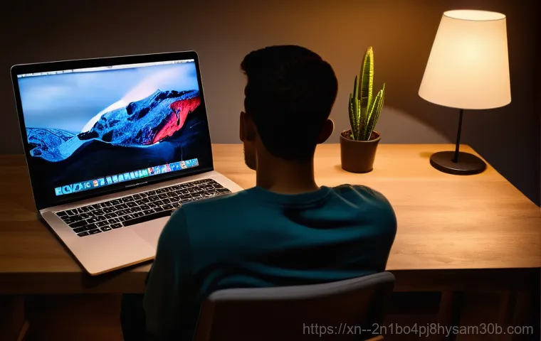 강일동 맥북에어 판매 및 수리 - **A young adult, casually dressed in jeans and a t-shirt, sits at a clean, minimalist desk in a brig...