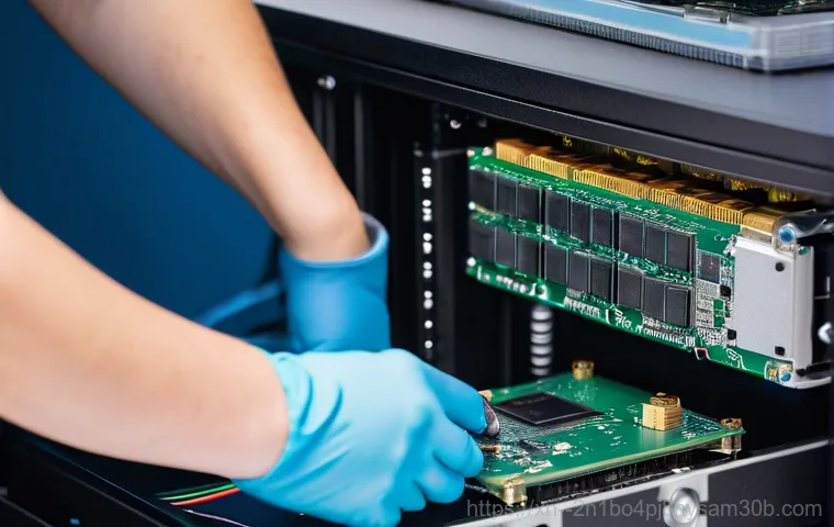 동대문 NAS출장방문수리점 - A close-up, technical shot of a malfunctioning NAS device, perhaps a Synology or QNAP model, with sp...