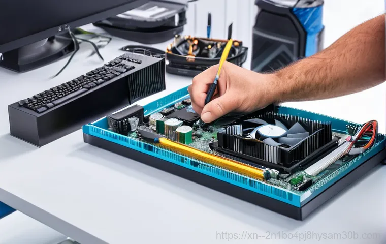 일산서구 쿨러조립 및 교체수리 - **Prompt 1: Overheating PC**
    A close-up of a desktop computer tower emitting visible heat, repre...