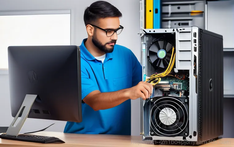 사간동 블루스크린 - A close-up, abstract, and high-tech visualization of the internal components of a computer, focusing...