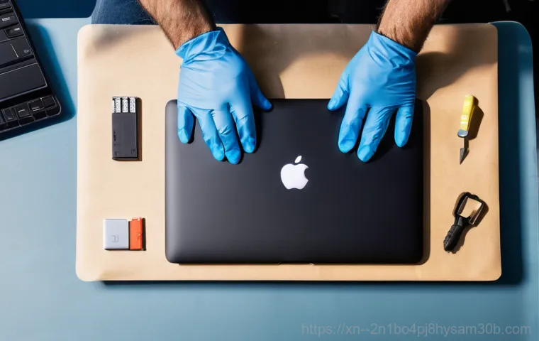 안국동 맥북프로 판매 및 수리 - A close-up shot of a modern MacBook Pro (M1 or M2 model) with a severely cracked screen, displaying ...