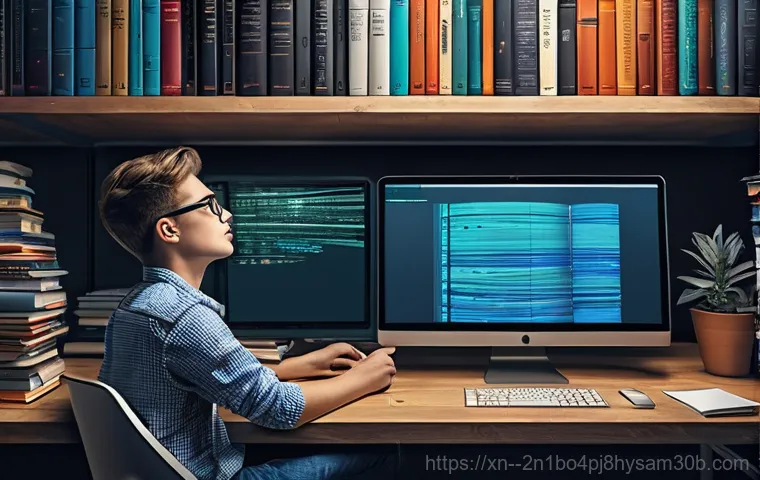 청운효자동 STATUS_MEMORY_OVERFLOW - A 15-year-old student, fully clothed in casual attire like a hoodie and jeans, sits at a desk in the...