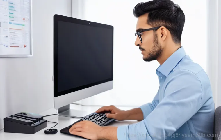경운동 STATUS_DISK_WRITE_FAILURE - A young adult, wearing casual and appropriate clothing (such as a t-shirt and jeans), sits at a desk...