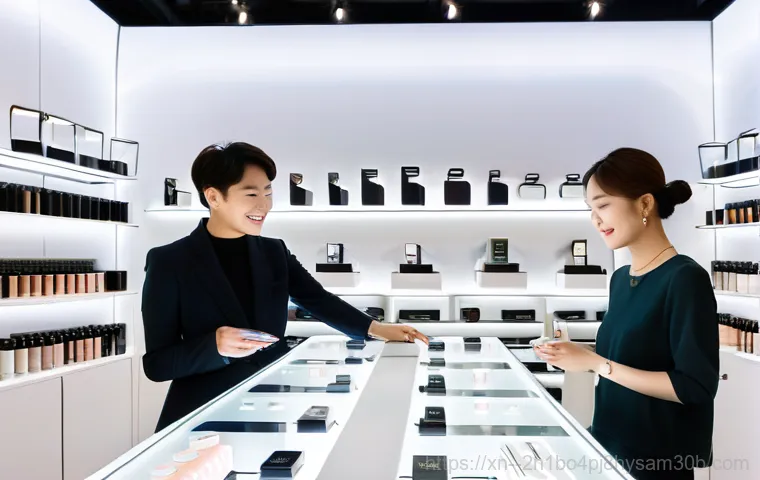 성수동 STATUS_NO_MEMORY - A vibrant and energetic scene inside a trendy pop-up store in Seongsu-dong, filled with a diverse gr...