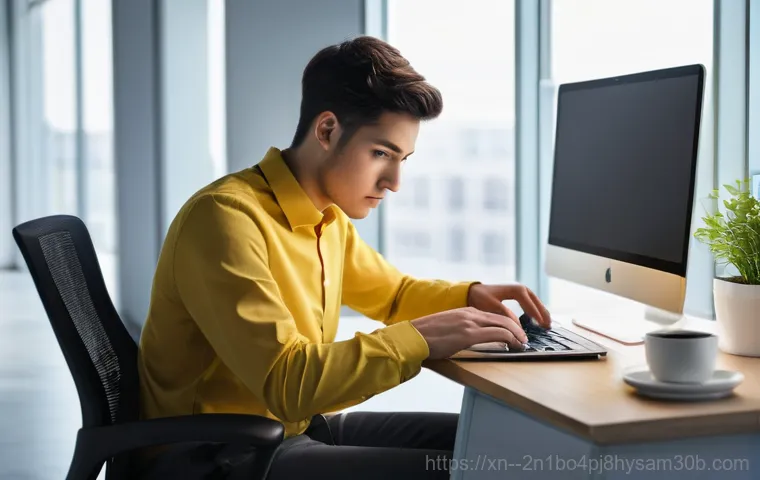 삼각동 STATUS_INVALID_DEVICE_REQUEST - A young adult, wearing a comfortable t-shirt and jeans, sits at a slightly cluttered desk in a dimly...