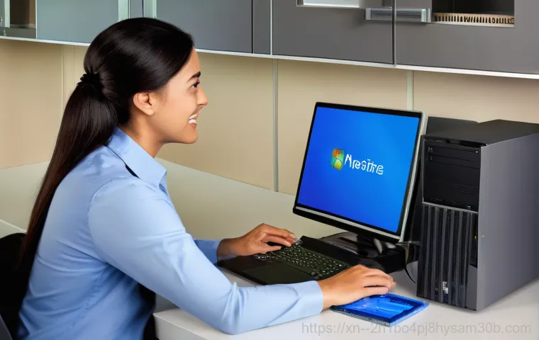북한동 컴퓨터 desktop 출장방문수리점 - A relieved homeowner, a middle-aged man, is smiling while looking at his desktop computer, which is ...