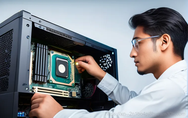 홍파동 그래픽카드조립 및 교체수리 - A person with a slightly bewildered expression is attempting to install a large, high-performance gr...