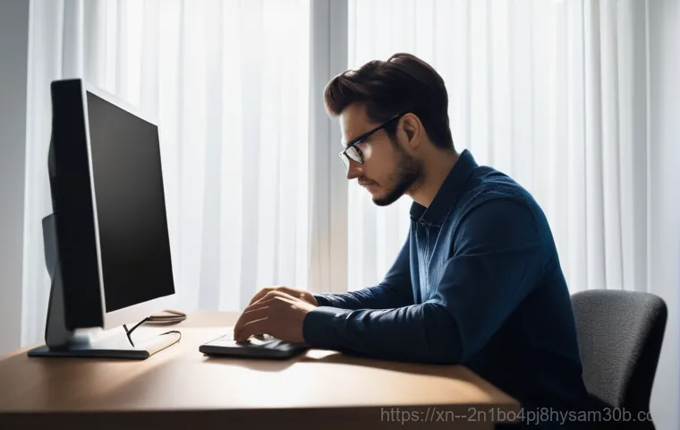 향동동 부팅불가 - **Prompt:** A person, mid-20s to 30s, with a look of concern and mild panic, stares at a laptop scre...