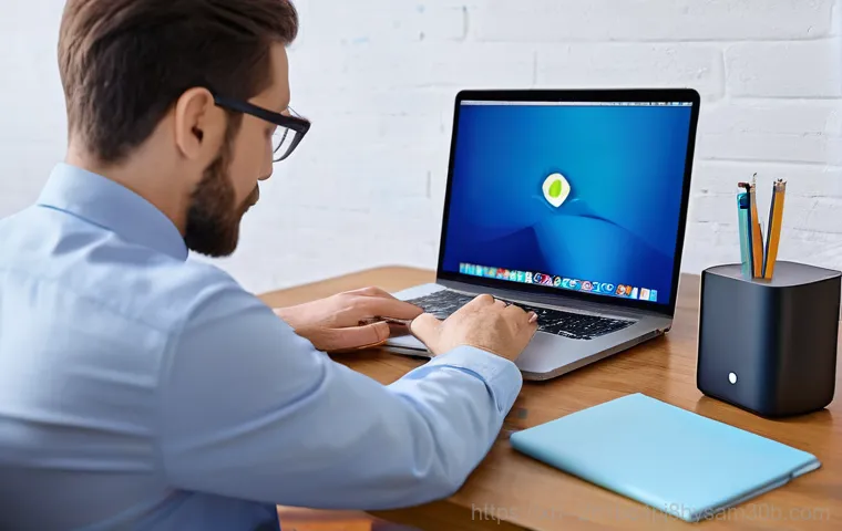 별양동 맥윈도우 부트캠프_bootcamp 재설치 포맷  초기화 - **Prompt:** A sleek, modern MacBook laptop rests on a minimalist, brightly lit desk. The screen show...