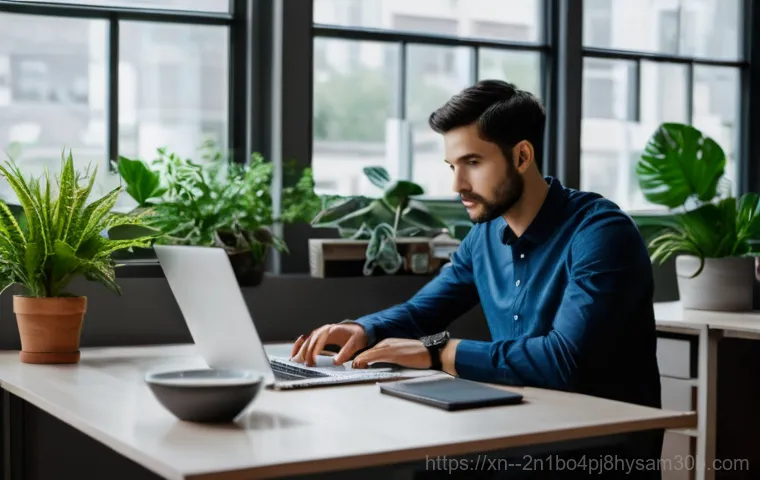 진관동 STATUS_SYSTEM_LICENSE_INVALID - A young professional, wearing a smart casual outfit, sits at a modern desk in a home office, looking...